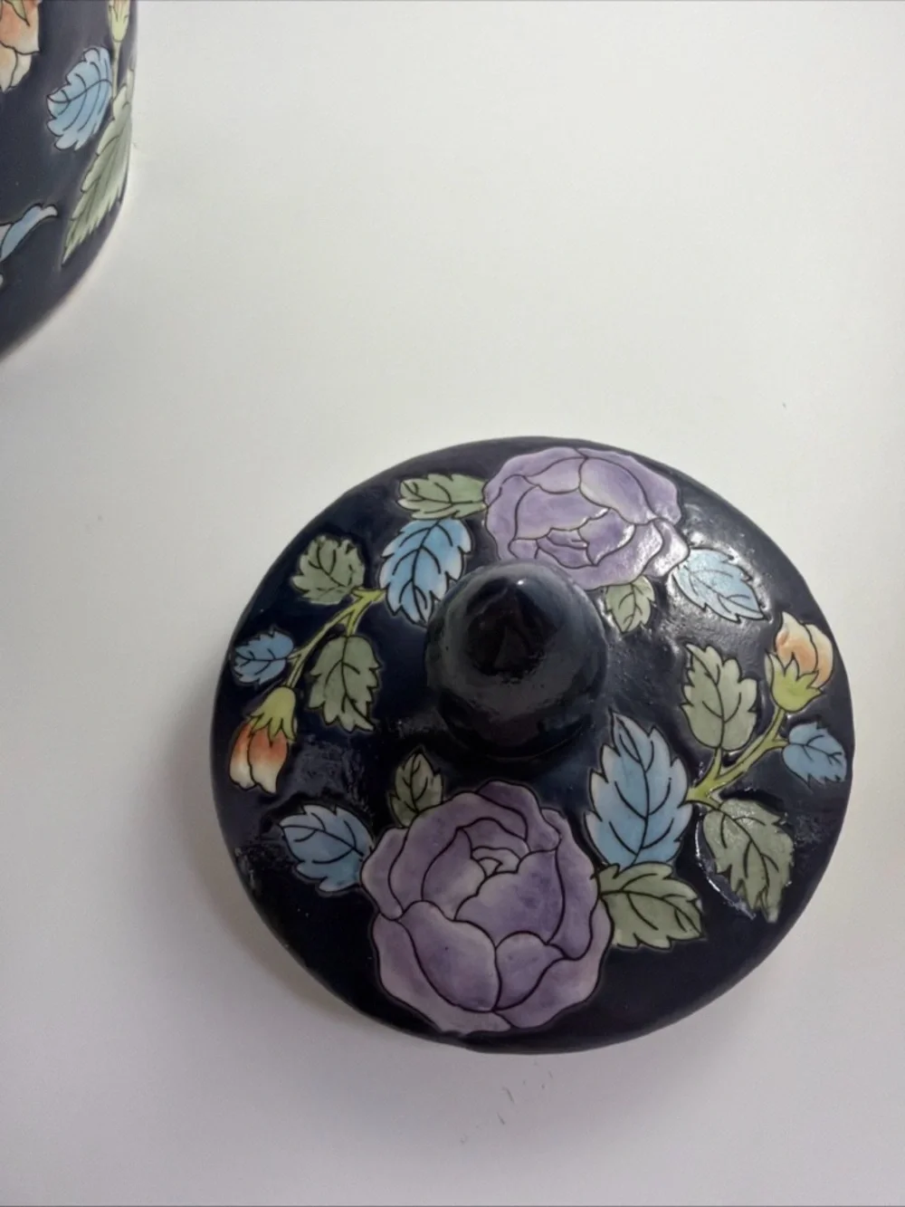 Vintage Chinese Ginger Jar with Lid Chinoiserie Flowers Large 12”